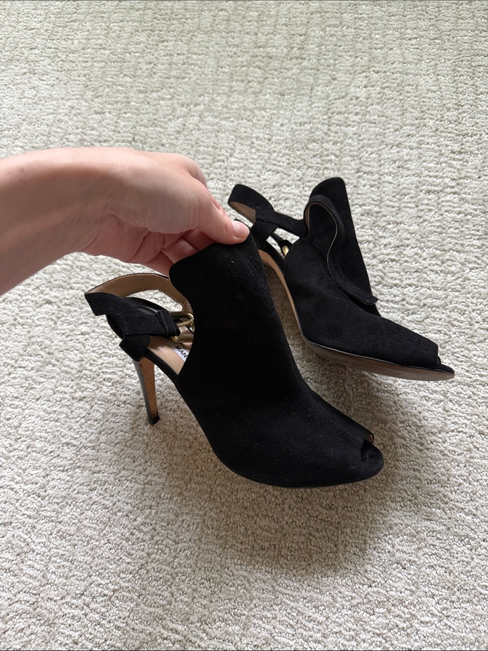 Manolo Blahnik Black Suede Peep-Toe Slingback Heels - Picture 1 of 6